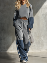 Casual Sporty Color-blocked Grey Sweatshirt And Wide-leg Pants Set