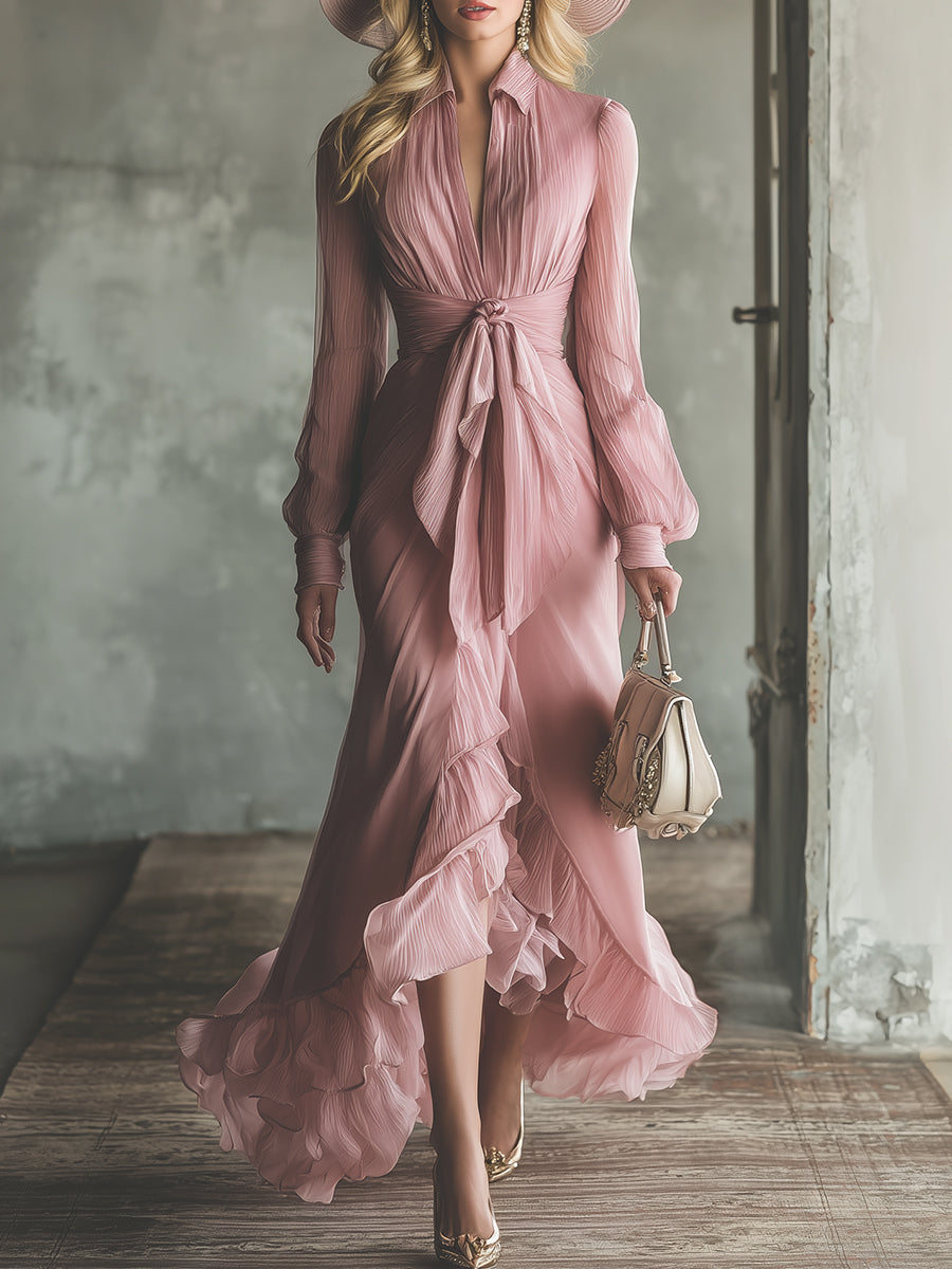 Pink Chiffon Bow-Tied Irregular Hem Maxi Dress