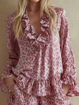 Leopard Print V-neck Ruffled Long-sleeved Top And Shorts Chiffon Set