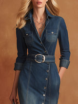 Casual Retro Blue Lapel Denim Midi Dress