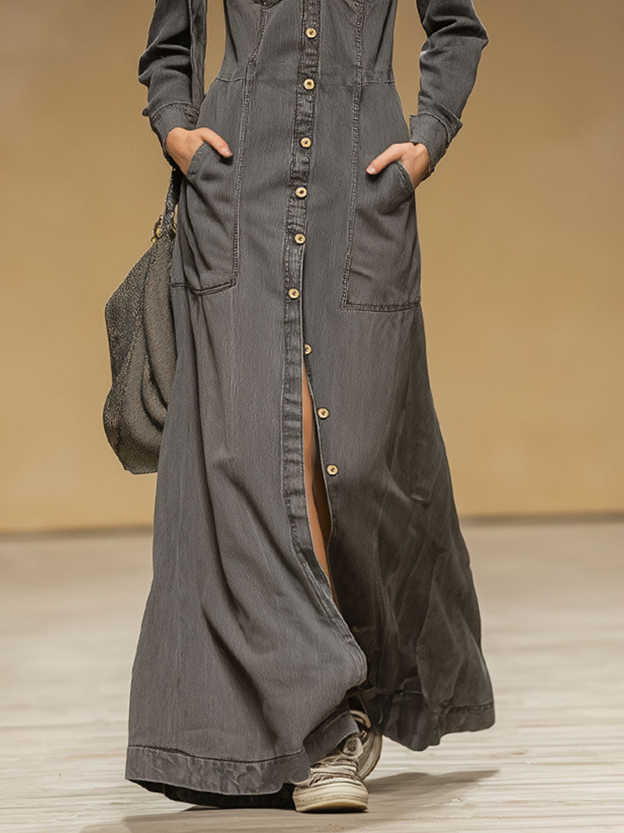 Vintage Grey Denim Maxi Dress with Lapel & Pockets