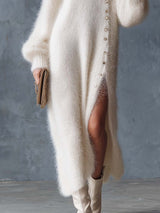 Comfortable Lazy Exquisite V-neck Metal Button White Imitation Rabbit Fur Knitted Side Slit Midi Dress