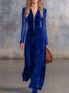 Elegant Retro V-neck Front Zipper Lace Long-sleeved Royal Blue Velvet Maxi Dress