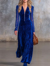 Elegant Retro V-neck Front Zipper Lace Long-sleeved Royal Blue Velvet Maxi Dress