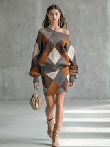 Charm Retro-style Elegant Color-blocked Diamond-patterned Knitted Top And Skirt Set