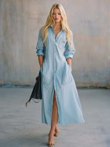 Vintage Casual Fashion Front Button Light Blue Washed Denim Shirt-style Midi Dress