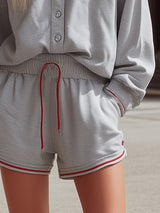 Gray Color-blocked Ribbed Stand-collar Button-up Top And Shorts Athletic Set
