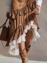 Elegant Western-style Leopard Print And White Lace Layered Ruffled Light Brown Suede Skirt