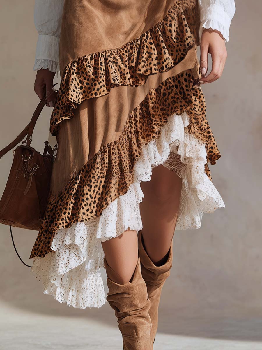 Elegant Western-style Leopard Print And White Lace Layered Ruffled Light Brown Suede Skirt