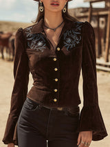 Western-style Vintage Embroidered Brown Faux Suede Jacket