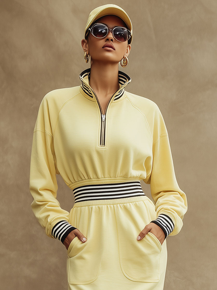 Sporty Retro Striped Ribbed Light Yellow Half-zip Long-sleeved Midi Dress