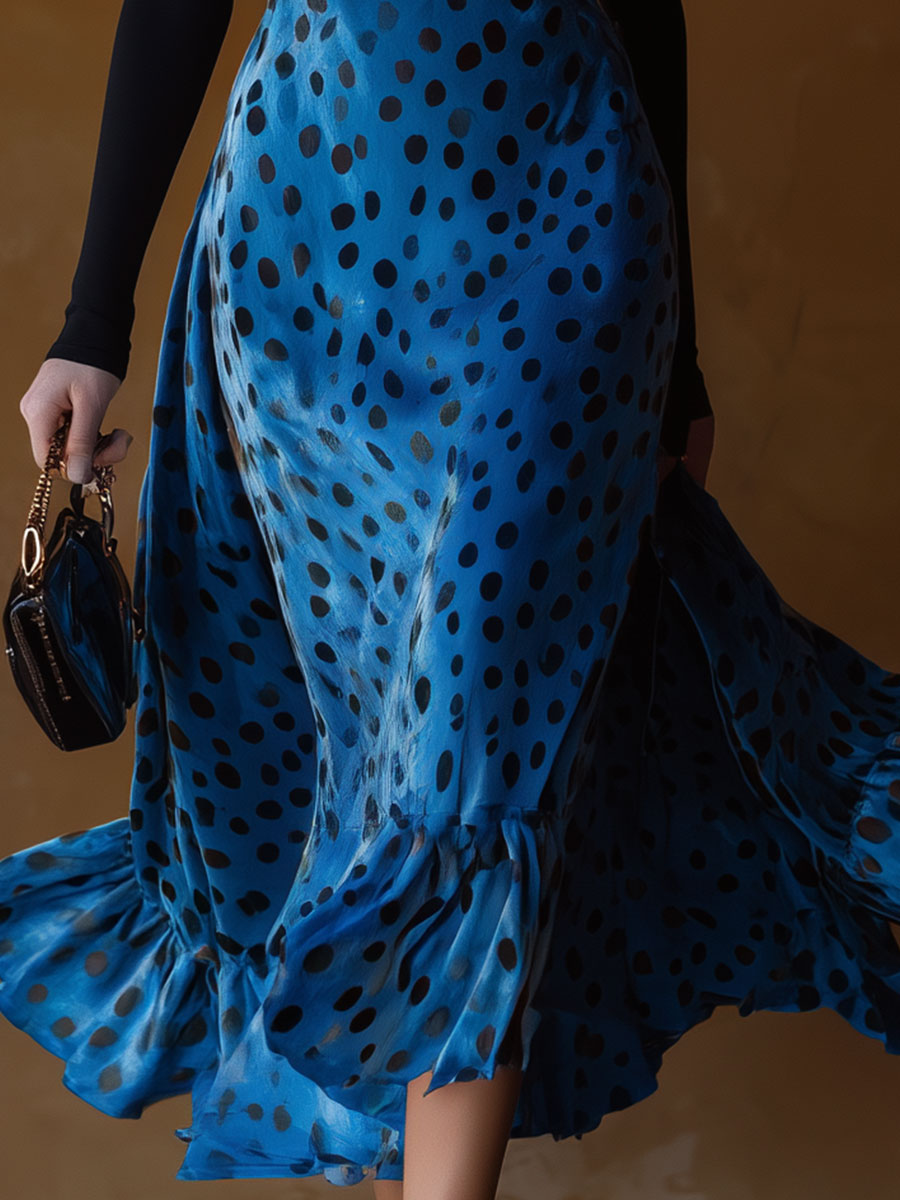 Stylish Retro Black Polka Dot And Blue Velvet Strappy Midi Dress