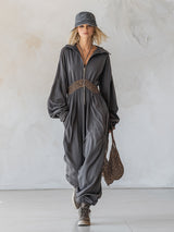 Casual Fit Leopard Print Trim Dark Gray Cotton Athletic Jumpsuit