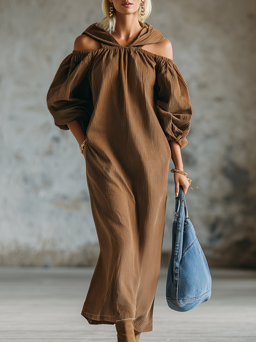 Casual Urban Style Caramel-colored Corduroy Hooded Off-the-shoulder Long-sleeved Maxi Dress