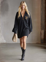 Casual Fashion Lapel Front Zipper Black Denim Mini Dress