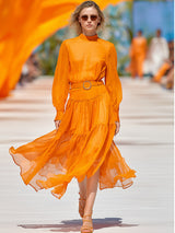Fashionable And Casual Orange Chiffon Long-sleeved Maxi Dress