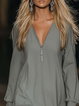 Casual Loose Fashion Zipper V-neck Long Sleeve Lotus Leaf Hem Gray Mini Dress
