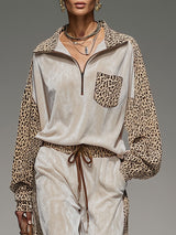 Lapel Collar Zip-up Color-blocked Leopard Print And Velvet Patchwork Set