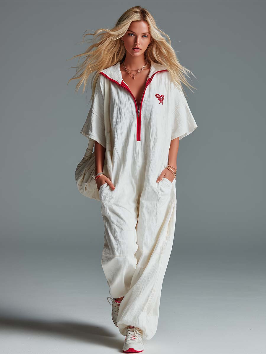 Casual Fashion Lapel Front Zipper Red Trim Short Sleeves Cream Washed Cotton Jumpsuit