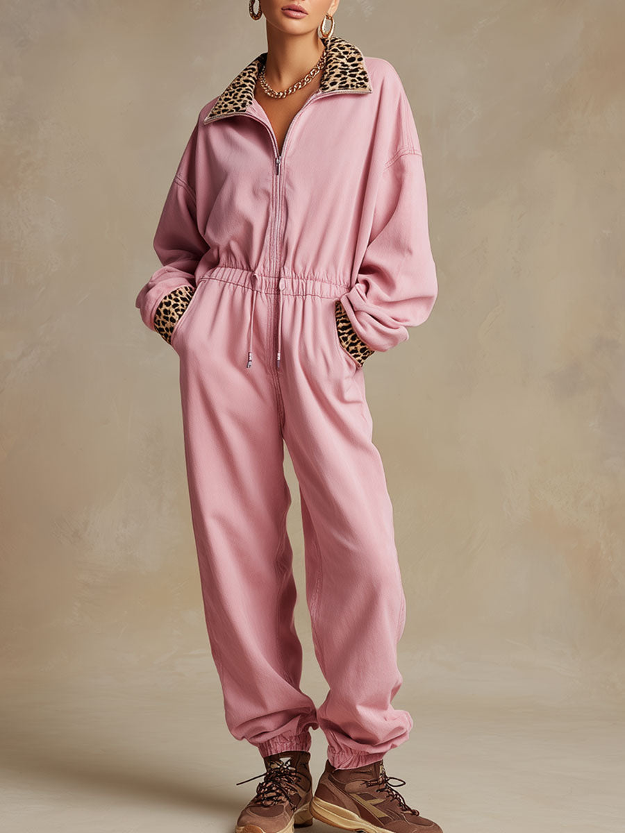 Casual Sporty Retro Pink Cotton Long-Sleeved Leopard Print Jumpsuit