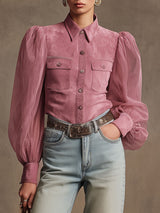 Western Retro Pink Faux Suede Long-Sleeved Shirt