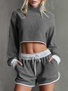 Casual High-neck Ribbed Long-sleeved Top And Shorts Set