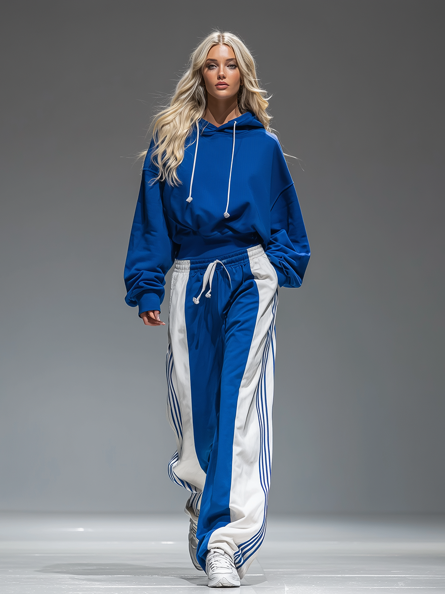 Retro Sporty Hoodie And Striped Wide-leg Pants Set