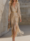 Chic And Sophisticated V-neck Tassel Champagne Shimmering Maxi Dress