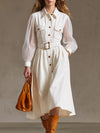 Western-style Vintage Long-sleeved White Cotton A-line Midi Dress