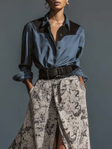 Retro Fashion Lapel Front Button Denim Patchwork Chiffon Printed Hem Slit Maxi Dress