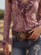 Pink Leopard Chiffon With Ruffled Lace V-neck Long-sleeved Shirt
