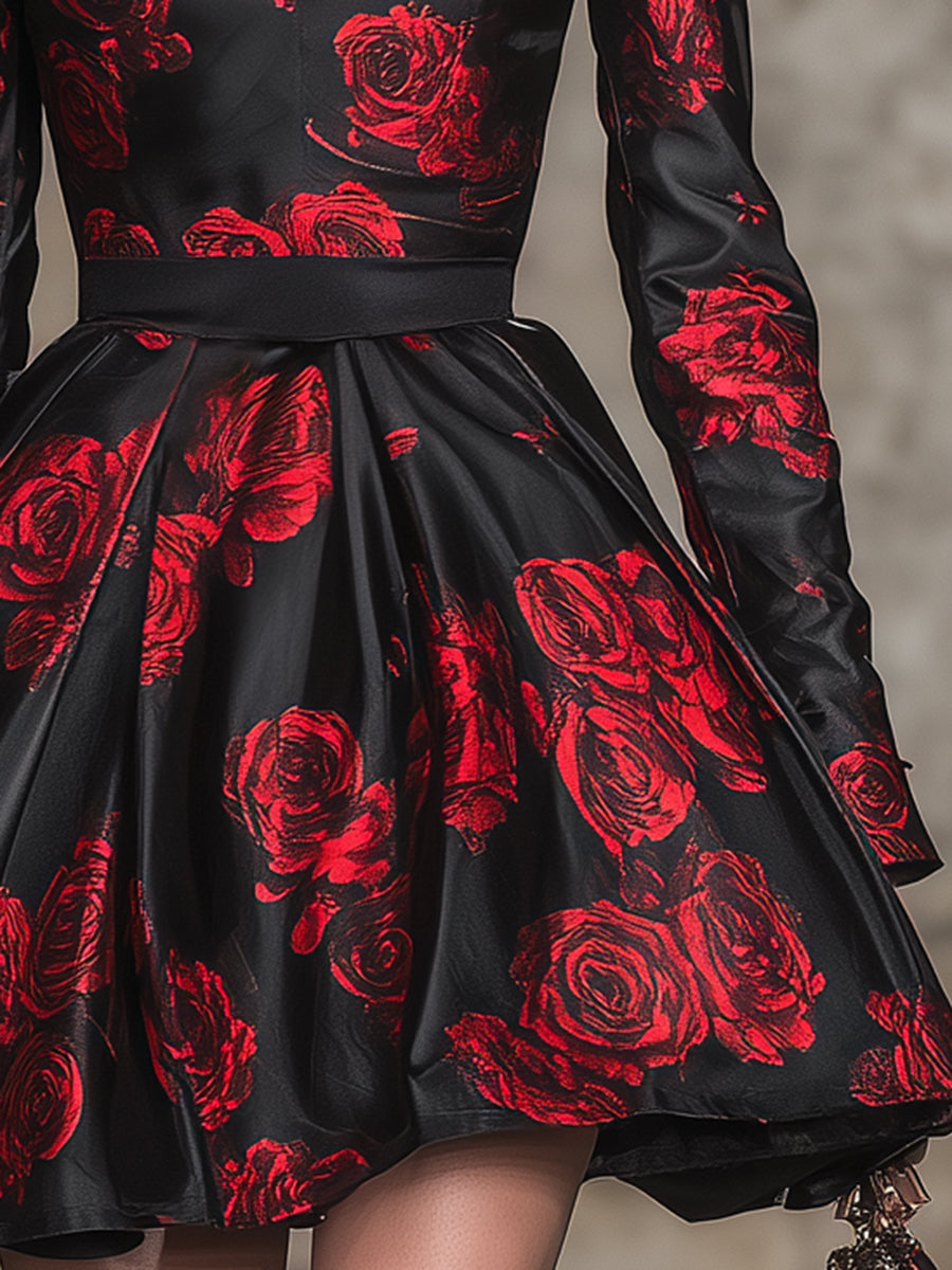 Elegant BlackWith Red Rose Pattern And Cutout Neckline Mini Dress