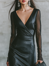 Elegant Edgy Urban V-neck Faux Leather Maxi Dress
