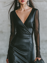 Elegant Edgy Urban V-neck Faux Leather Maxi Dress