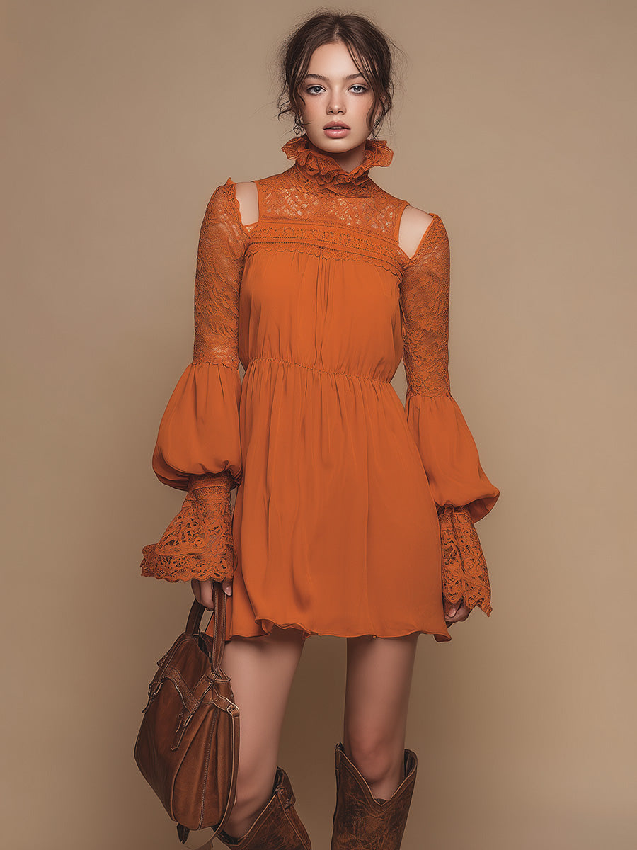 Retro Fashion Slim-fitting Long-sleeved Lace-paneled Off-the-shoulder Orange Woven Mini Dress