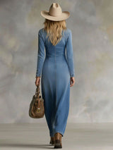 V-neck Single-breasted Side-slit Denim Long-sleeved Maxi Dress