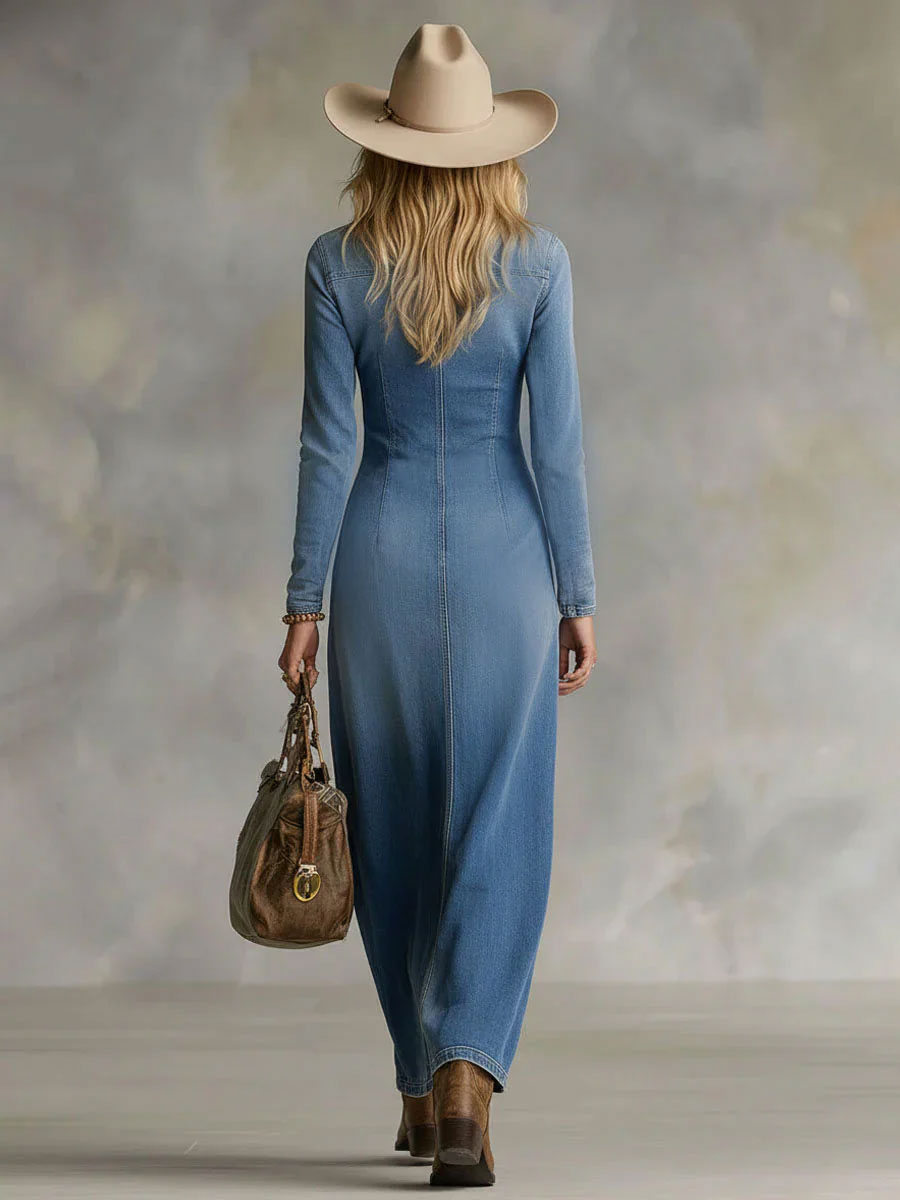 V-neck Single-breasted Side-slit Denim Long-sleeved Maxi Dress