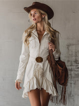 Retro And Stylish Lapel Collar Zip-up Ruffled Off-white Mini Dress