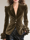 Solid Color Lapel Ruffled Single-breasted Velvet Blazer