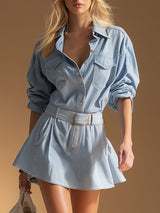 Casual Retro Blue Denim Long-sleeved Mini Dress
