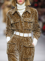 Western Casual Button Leopard Print Velvet Midi Dress