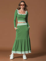 Sporty Retro Striped Square Neck Ruffled Green Cotton T-shirt And Skirt Set