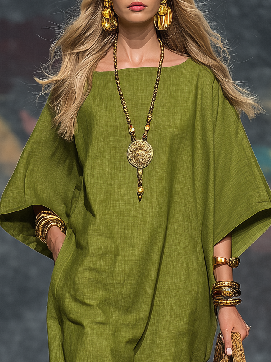 Vintage Bohemian Batwing Sleeve Cotton And Linen Midi Dress