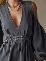 Stylish Gray Denim V-neck Off-the-shoulder Wide-sleeved Mini Dress