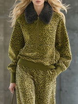 High-end Fashionable Leopard Print Velvet Faux Fur Collar Sweatshirt Wide-leg Pants Suit