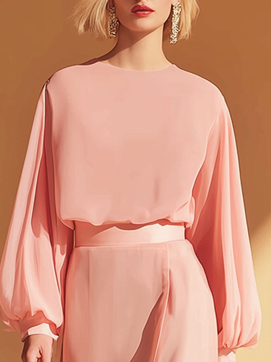 Elegant And Loose-fitting Pink Chiffon Top And Skirt Set