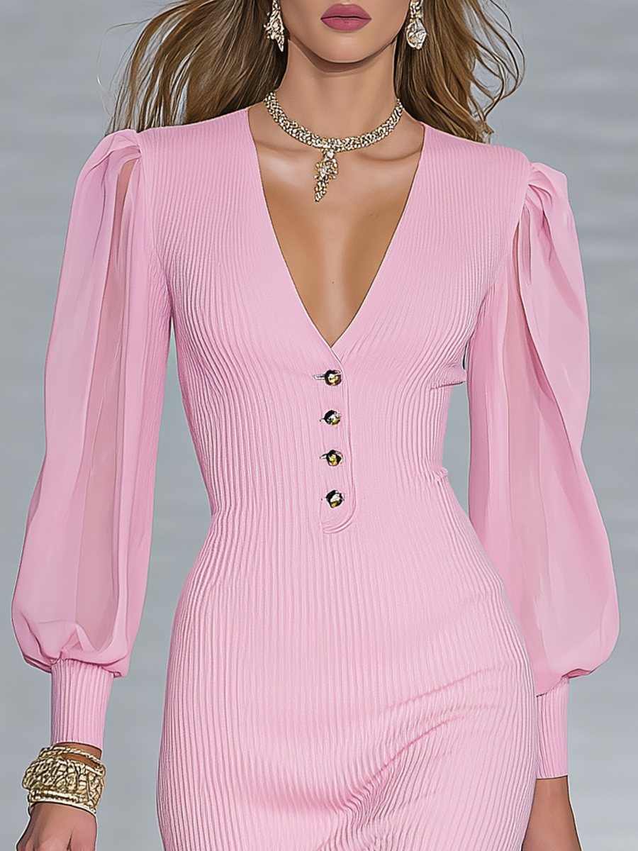 Elegant Urban V-neck Solid Color Midi Dress