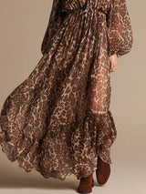 Vacation Retro V-neck Leopard Print Brown Chiffon Long Sleeve Maxi Dress