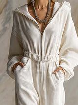 Casual Loose Fashionable White Corduroy Hooded Front Zipper Long Sleeve Jumpsuit