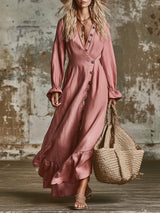 Elegant Pink Linen V-neck Button-front Maxi Dress